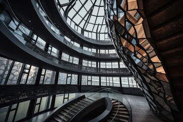 Fototapeta premium Modern hi rise building interior, staircase and lobby with glass windows and copula, high quality generative ai