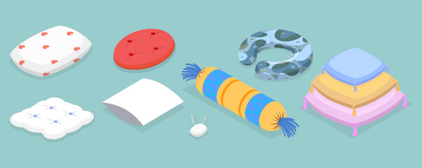 3D Isometric Flat Vector Set of Pillows, Cushions of Various Shapes