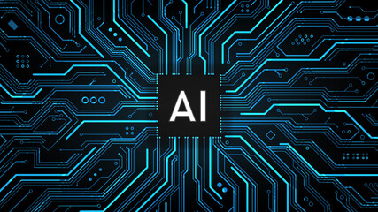 AI Artificial intelligence logo on chipset circuit board, Future cybernetic artificial intelligence technology concept, vector illustration