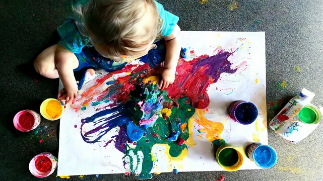 Child painting with paint brush at kindergarten using multi colored paints. Art therapy for children. Fun activities for toddlers. Messy hands.