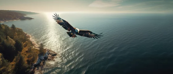 Foto op Canvas Bald eagle flying over the ocean, epic freedom seascape concept, sea sky, generative ai © AdamantiumStock