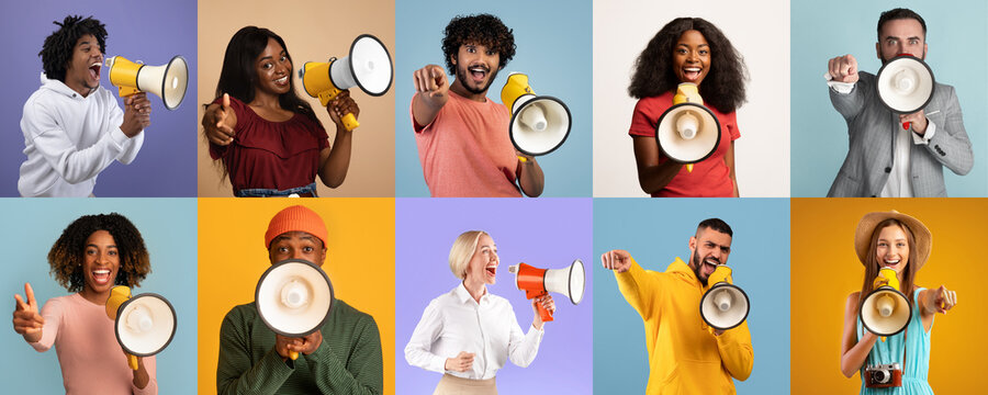 Diverse multiethnic people making announcement with megaphones on colorful studio backgrounds