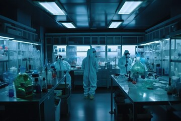 Obraz premium In a Secure High Level Laboratory Scientists in a Coverall Conducting a Research Generative AI 
