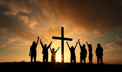 Christian people group raise hands up worship God Jesus Christ together, generative AI