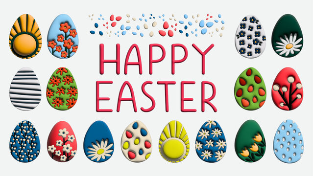 3D elements illustrated festive Easter set isolated on wight background. Including painted eggs. Expanded