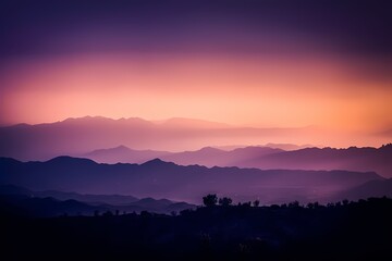 Abstract mountain sunset with violet fog