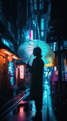 Silhouette of a Mysterious Woman in Tokyo, Japan, with an umbrella in a rainy night. Neon lights come from the street signs and buildings. Generative AI. - obrazy, fototapety, plakaty
