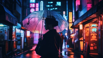 Silhouette of a Mysterious Woman in Tokyo, Japan, with an umbrella in a rainy night. Neon lights come from the street signs and buildings. Generative AI.