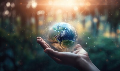 Hands holding earth global over blurred abstract nature background, generative AI