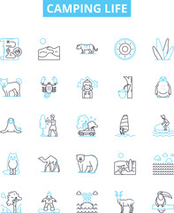 Camping life vector line icons set. Camping, Life, Outdoors, Tent, Sleeping, Bag, Hammock illustration outline concept symbols and signs