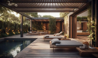 Wooden terrace with sofas and sun loungers by the pool, generative AI