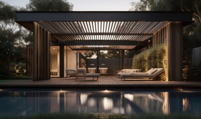 Fototapeta premium Wooden terrace with sofas and sun loungers by the pool, generative AI