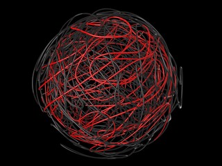Red and black tangled wires in a ball