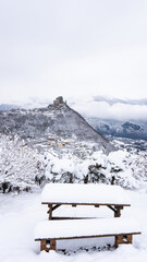 Image of the Ancient/ Abbey of San Michele built on Mount Pirchiriano located at the entrance of the Susa Valley, around the years between 983 and 987 A.D. with an abundant snowfall
