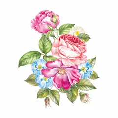 Foto op Canvas Pink watercolor roses bouquet. Bunch of flowers on a white background © Kotkoa