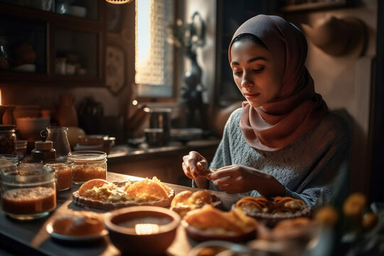 a woman preparing ramadan iftar meal, generative ai