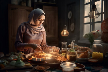 Fototapeta na wymiar a woman preparing ramadan iftar meal, generative ai