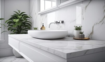 Obraz na płótnie Canvas White bathroom interior, marble countertop on a blurred background of the bathroom interior, generative AI