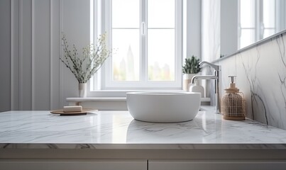 Naklejka na ściany i meble White bathroom interior, marble countertop on a blurred background of the bathroom interior, generative AI