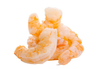 A group of peeled boiled shrimp are isolated on a white background. 