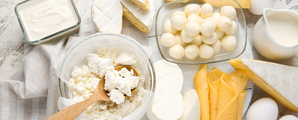 Different fresh dairy products on light background