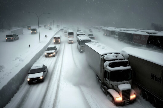 Snow chaos with snow-covered cars and trucks on a highway. Generative AI