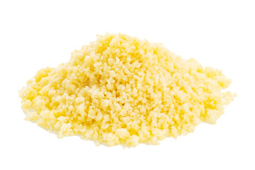 Cooked yellow millet porridge in isolation on a white background. 