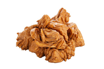 Pieces of cooked marinated pork are insulated with a non-white background. 