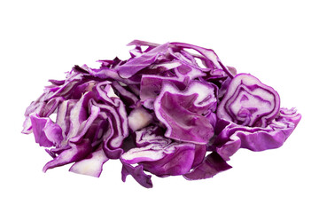 Slices of chopped red cabbage are isolated on a white background. 