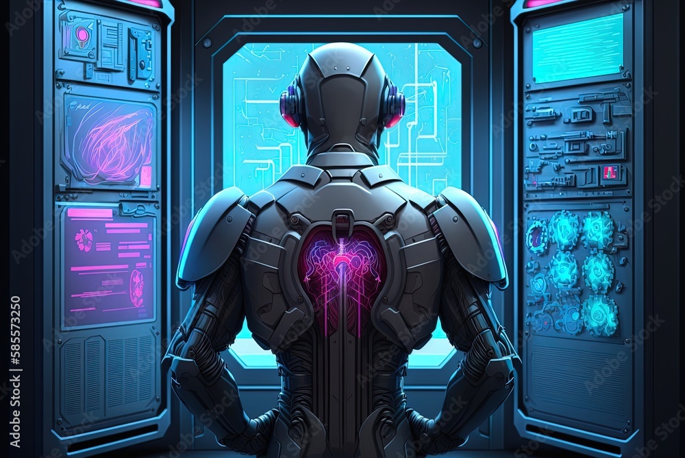 Poster illustration of a cyborg guard robot checking in on a holographic security system control panel in t