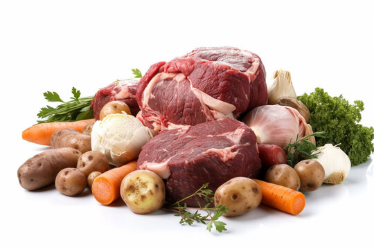 group of meat for Pot-au-feu in front of white background  Generative AI