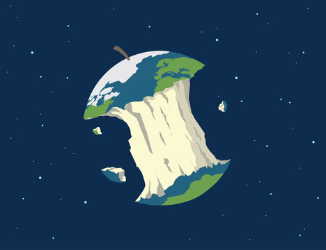 illustration vectorielle repr&eacute;sentant la plan&egrave;te terre en forme de trognon de pomme rong&eacute; par l'activit&eacute; humaine