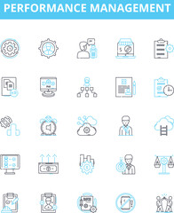 Performance management vector line icons set. Performance, Management, Assessment, Appraisal, measurement, Monitoring, Evaluation illustration outline concept symbols and signs