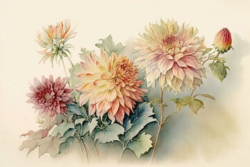 Generative AI. Red, yellow and orange Dahlia flowers: Watercolor style flower illustration for background, invitation card, birthday card