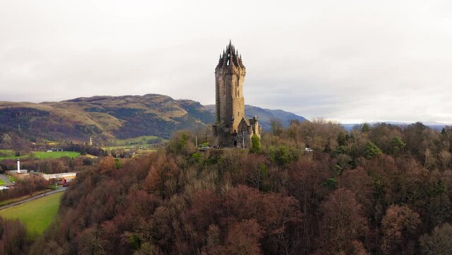 Drone view of Wallace Monument in Stirling, Scotland, United Kingdom.