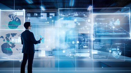 Futuristic business world with cutting-edge technology that revolutionizes communication, data management, and security