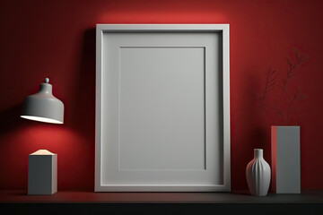 empty white frame image, lamp light and trendy vase inside red room wall background