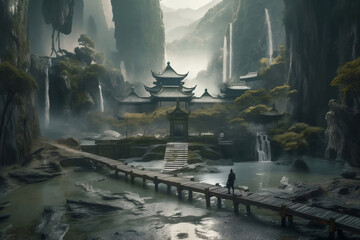 Illustration of ancient wonderland temple and waterfalls, , generative AI