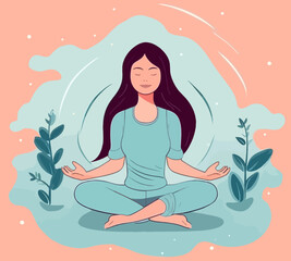 Obraz na płótnie Canvas Woman meditating. Nature, stars, plants, harmonic., healthy, mindfulness, vector illustration.