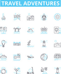 Travel adventures vector line icons set. Travel, Adventures, Exploring, Touring, Trekking, Cruising, Hiking illustration outline concept symbols and signs