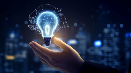 Conceptual image -new ideas and innovation, Hand holding light bulb, cityscape, background, manage ideas, create innovation, see beyond the horizon 