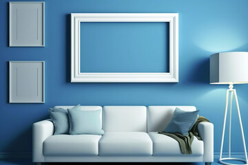 Empty blue frame, luxury white sofa and blue pillow,  lamp light inside blue room wall backround
