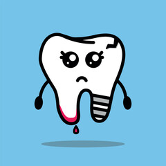 Cute Unhealthy Tooth Illustration on a blue background. Teeth care and hygiene concept. EPS Vector