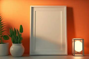 empty white frame mock up, plant in a trendy vase on an orange background wall with light of a lamp