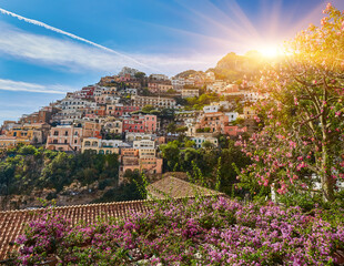 View of the town of Positano with flowers, Amalfi Coast