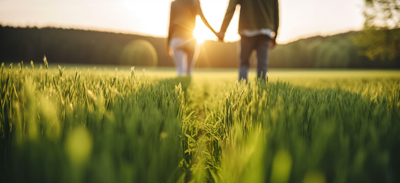 Couple holding hands in a green field at sunset
