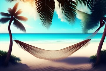 Beautiful beach. Hammock between two palm trees on the beach, summer vacation - generative ai
