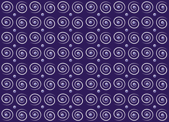 Purple wallpaper paper with a white pattern. Regular seamless pattern of white spirals and dots for wrapping paper, material, violet background. Vector, jpg.