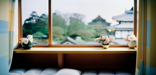Fototapeta premium Windowsill of a 2nd Story Bedroom in Japan Overlooking the Neighborhood on a Sunny Day Generative AI Photo