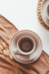 Set of stylish beige tableware set flat lay top view on white background